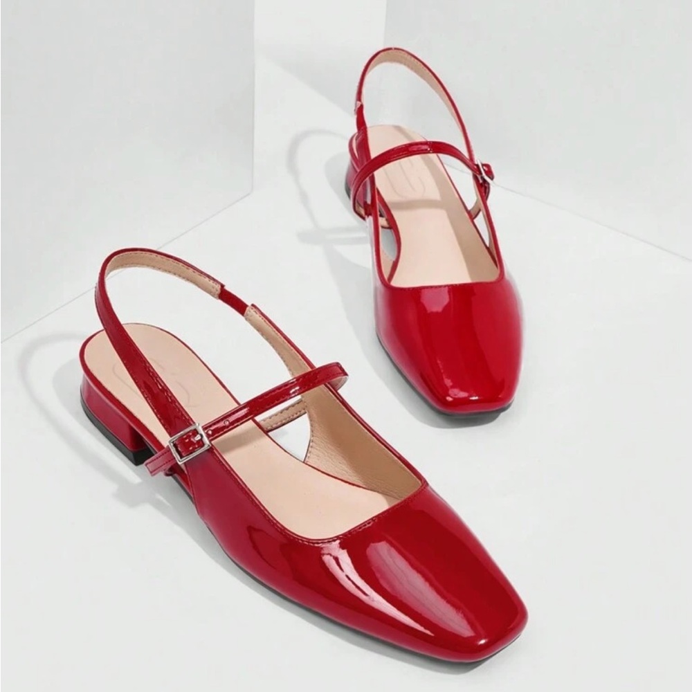 Red patent slingback square rounded toe flats